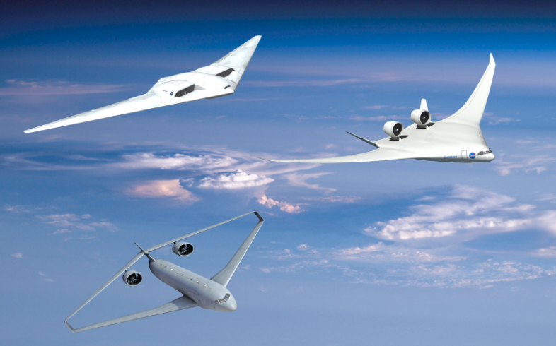 Three futuristic aircraft fly in a cloud filled sky